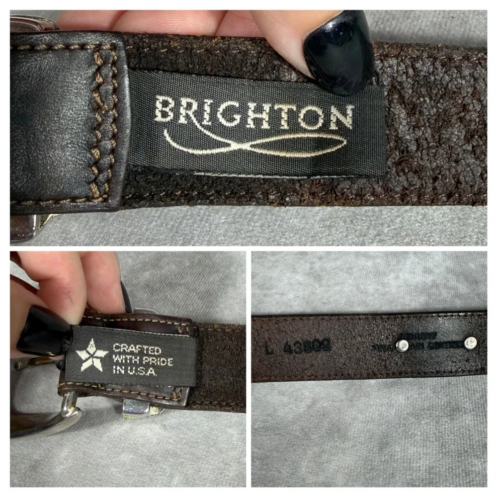 Vtg '91 Brighton Brown Leather Western‎ Belt Silver Gold Floral Concho USA Large